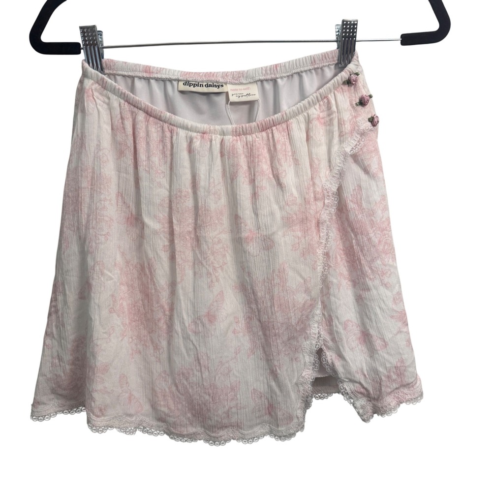 Dippin Daisy's Floral Mini Skirt Lace Trim Cottagecore Pink White Size Small